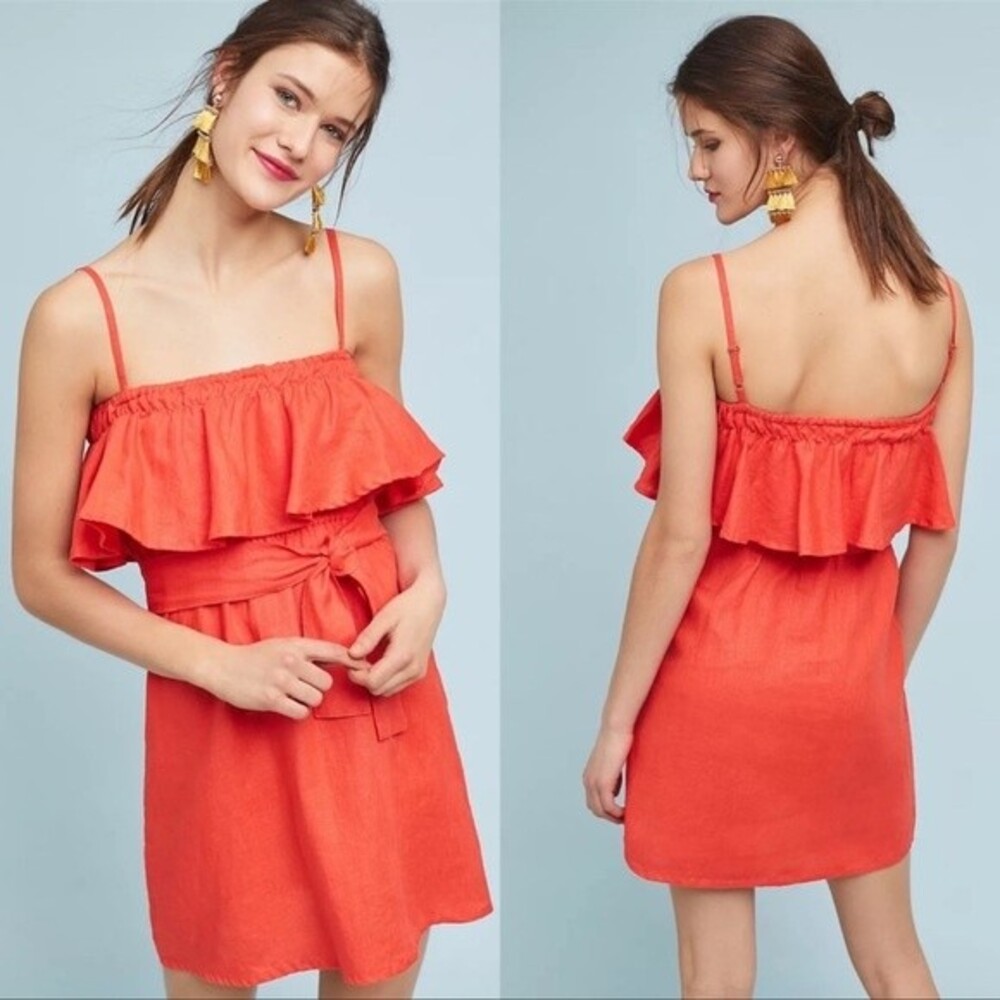 Faithfull the Brand • Linen Dress Orange Ruffle Stretch Empire Waist Size 6 - M